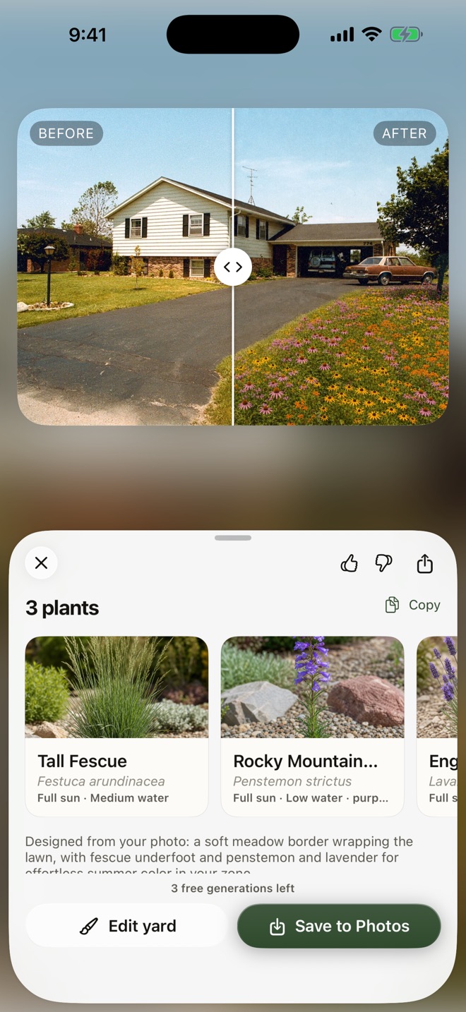An AI-designed yard result with its plant list